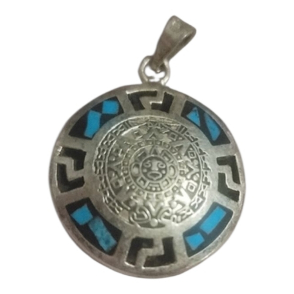 Sterling Silver  Mexican Aztec Myan and Blue Pendant Necklace 925